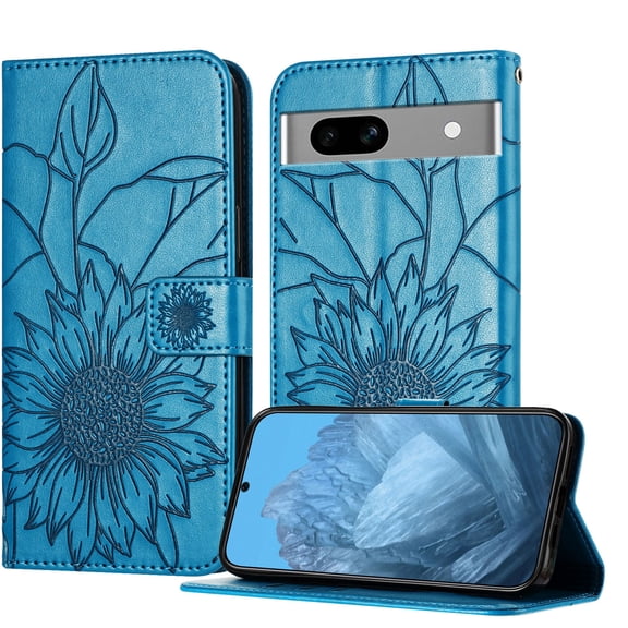 ELEHOLD Case for Google Pixel 7A, Sunflower Embossed Leather Wallet Case with Magnetic Closure & Kickstand,Blue