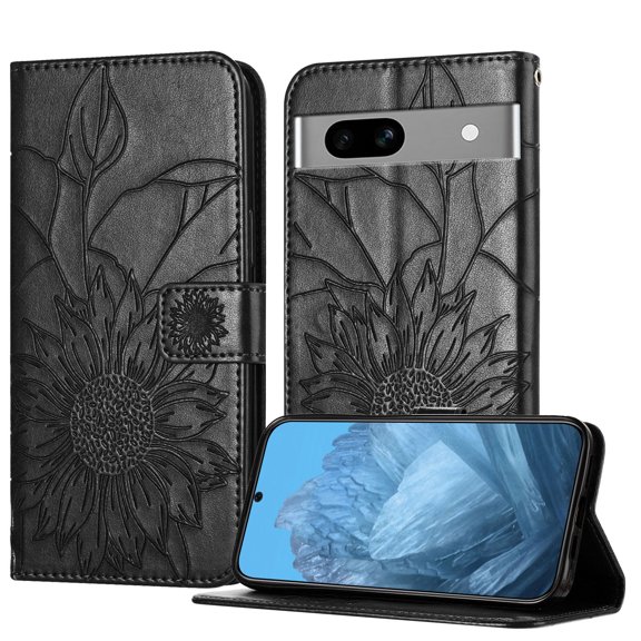 ELEHOLD Case for Google Pixel 7A, Sunflower Embossed Leather Wallet Case with Magnetic Closure & Kickstand,Gray