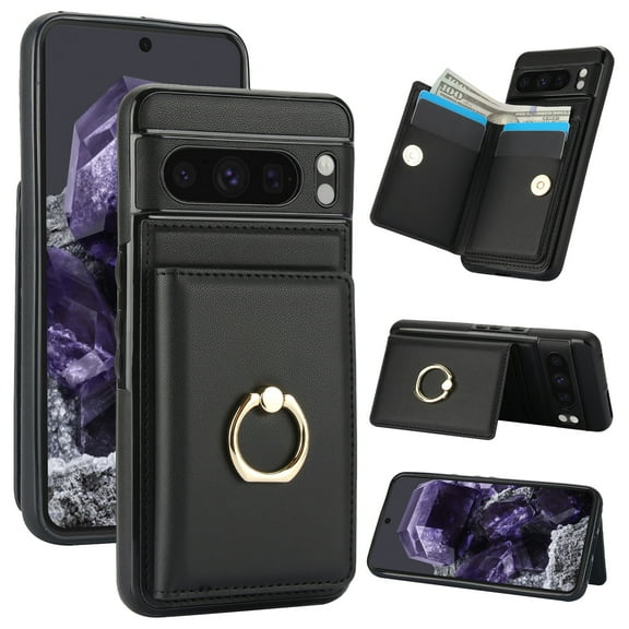 ELEHOLD Case for Google Pixel 8 Pro,Business PU Leather Stand Case with Card Holder & Ring Holder,Black