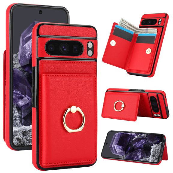 ELEHOLD Case for Google Pixel 8 Pro,Business PU Leather Stand Case with Card Holder & Ring Holder,Red