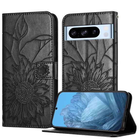 ELEHOLD Case for Google Pixel 8 Pro, Sunflower Embossed Leather Wallet Case with Magnetic Closure & Kickstand,Gray