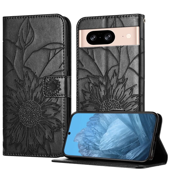 ELEHOLD Case for Google Pixel 8, Sunflower Embossed Leather Wallet Case with Magnetic Closure & Kickstand,Black