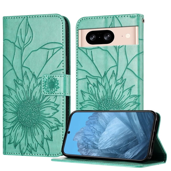 ELEHOLD Case for Google Pixel 8, Sunflower Embossed Leather Wallet Case with Magnetic Closure & Kickstand,Green