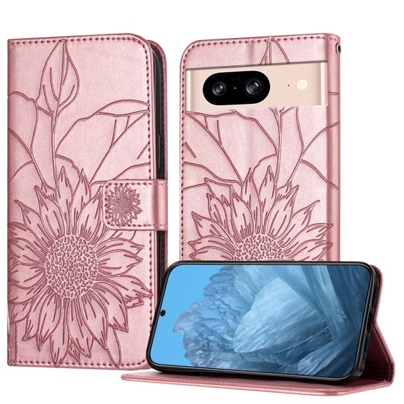 ELEHOLD Case for Google Pixel 8, Sunflower Embossed Leather Wallet Case with Magnetic Closure & Kickstand,Rosegold