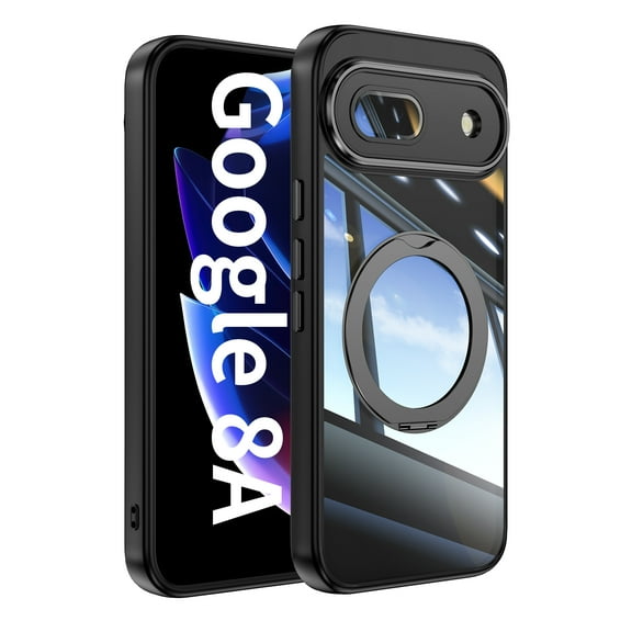 ELEHOLD Case for Google Pixel 8A, Shockproof Anti-Scratch Full Camera Protector Case with 360° Ring Holder Stand,Black