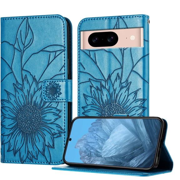 ELEHOLD Case for Google Pixel 8A, Sunflower Embossed Leather Wallet Case with Magnetic Closure & Kickstand,Blue