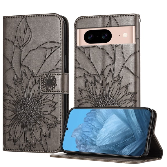 ELEHOLD Case for Google Pixel 8A, Sunflower Embossed Leather Wallet Case with Magnetic Closure & Kickstand,Gray