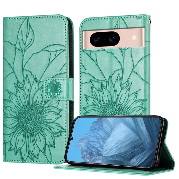 ELEHOLD Case for Google Pixel 8A, Sunflower Embossed Leather Wallet Case with Magnetic Closure & Kickstand,Green