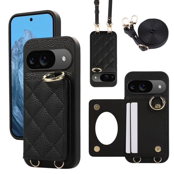 ELEHOLD Case for Google Pixel 9 / 9 Pro,Detachable Lanyard Crossbody Leather Wallet Case with Ring Holder & Mirror,Black