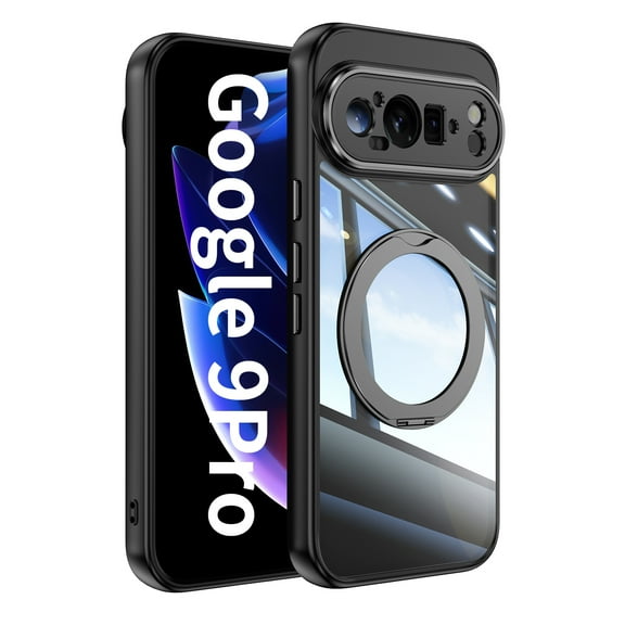 ELEHOLD Case for Google Pixel 9 / 9 Pro, Shockproof Anti-Scratch Full Camera Protector Case with 360° Ring Holder Stand,Black