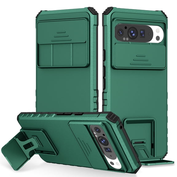 ELEHOLD Case for Google Pixel 9/9 Pro, Shockproof Full Body Case Built in Slide Camera Lens Cover & Invisible Kickstand,Darkgreen