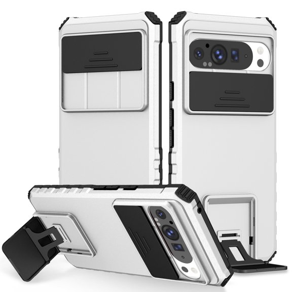 ELEHOLD Case for Google Pixel 9/9 Pro, Shockproof Full Body Case Built in Slide Camera Lens Cover & Invisible Kickstand,White