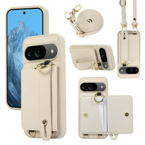 ELEHOLD Case for Google Pixel 9 / 9 Pro, Shockproof PU Leather Crossbody Wallet Case with Wrist Strap & Kickstand & Card Holder,White