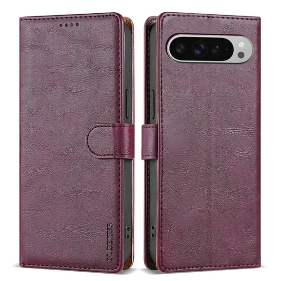 ELEHOLD Case for Google Pixel 9 / 9 Pro, Shockproof PU Leather Wallet Case with Credit Card Holder Kickstand,Winered