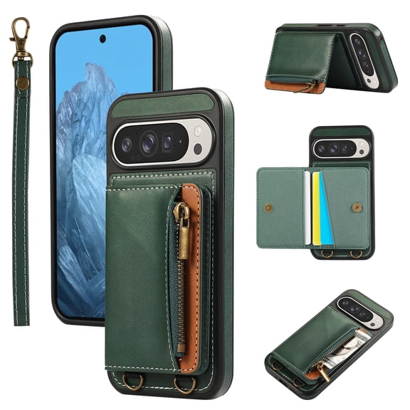 ELEHOLD Case for Google Pixel 9 / 9 Pro, Zipper Leather Wallet Case with Card Holder Stand,Green