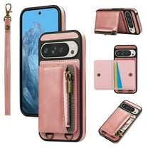 ELEHOLD Case for Google Pixel 9 / 9 Pro, Zipper Leather Wallet Case with Card Holder Stand,Pink