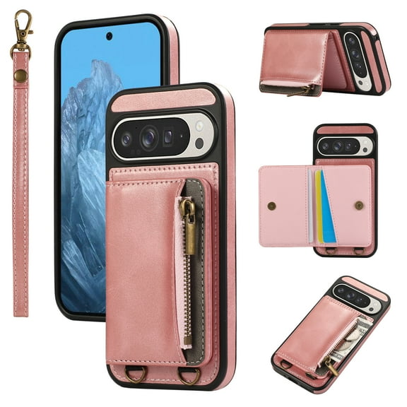 ELEHOLD Case for Google Pixel 9 / 9 Pro, Zipper Leather Wallet Case with Card Holder Stand,Pink