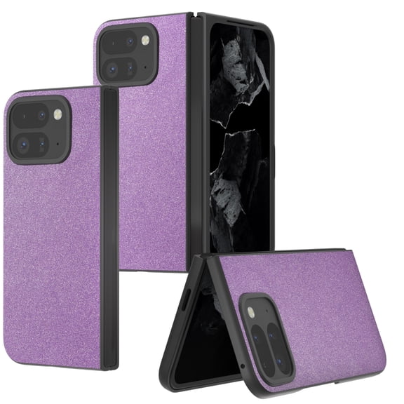 ELEHOLD Case for Google Pixel 9 Pro Fold/Fold2, Luxury Anti-Scratch Bling Glitter PU Leather Case with Wireless Charging,Purple
