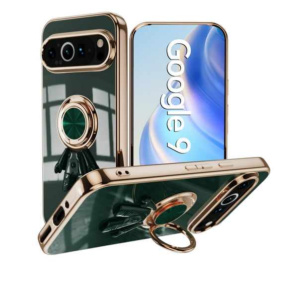 ELEHOLD Case for Google Pixel 9 Pro XL,Luxury Plating TPU Lightweight Case with Ring Magnetic Stand,Darkgreen