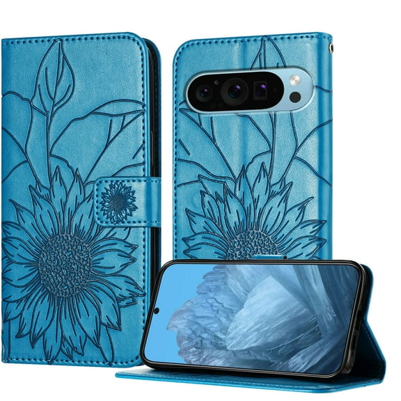 ELEHOLD Case for Google Pixel 9 Pro XL, Sunflower Embossed Leather Wallet Case with Magnetic Closure & Kickstand,Blue