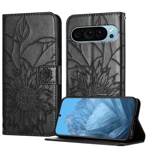 ELEHOLD Case for Google Pixel 9 Pro XL, Sunflower Embossed Leather Wallet Case with Magnetic Closure & Kickstand,Gray