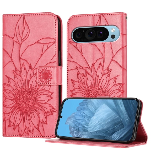 ELEHOLD Case for Google Pixel 9 Pro XL, Sunflower Embossed Leather Wallet Case with Magnetic Closure & Kickstand,Rose