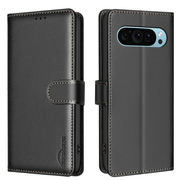 ELEHOLD Case for Google Pixel 9 Pro XL, TPU Interior PU Leather Magnetic Wallet Case with 3 Card Holders & Kickstand,Black