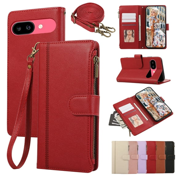 ELEHOLD Case for Google Pixel 9A, Crossbody Shockproof Leather Wallet Phone Case with Kickstand and Hand Strap,Red