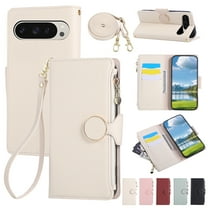 ELEHOLD Case for Google Pixel 9A, Crossbody Wallet Phone Case with Zipper Card Holder, Detachable Strap Folio PU Leather Cover with Stand,Beige
