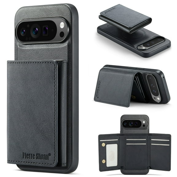 ELEHOLD Case for Google Pixel 9A, Faux Leather TPU Back Shockproof Anti-Scratch Flip Stand Magnetic Datachable Card Cash Slots Wallet Case, Black