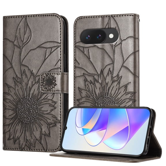 ELEHOLD Case for Google Pixel 9A, Sunflower Embossed Leather Wallet Case with Magnetic Closure & Kickstand,Gray