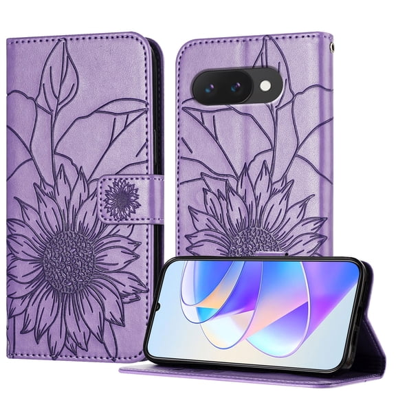 ELEHOLD Case for Google Pixel 9A, Sunflower Embossed Leather Wallet Case with Magnetic Closure & Kickstand,Purple