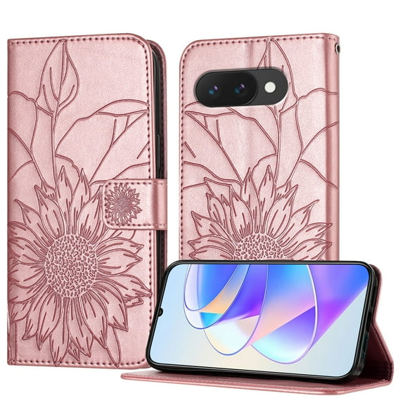ELEHOLD Case for Google Pixel 9A, Sunflower Embossed Leather Wallet Case with Magnetic Closure & Kickstand,Rosegold