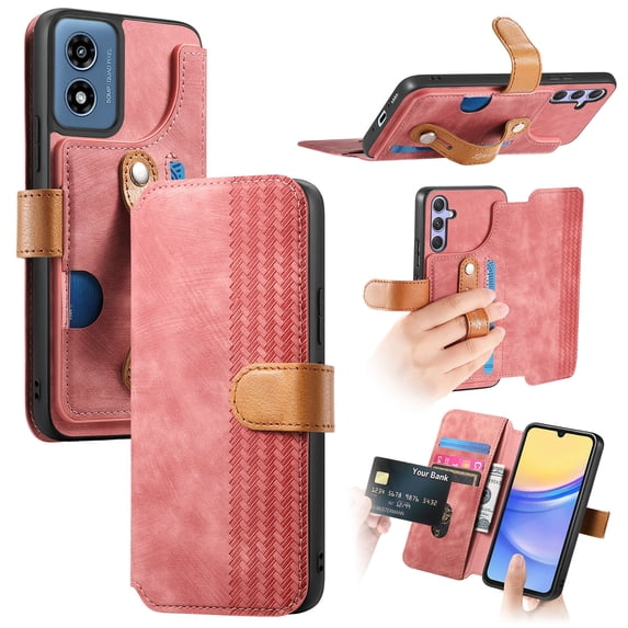 ELEHOLD Case for Moto G Play 4G 2024,Leather Wallet RFID Blocking Case with Wrist Strap & Card Holder Stand,Pink