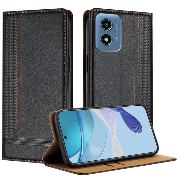 ELEHOLD Case for Moto G Play 4G (2024), Shockproof Faux Leather Wallet Phone Case Built-in Stand & Card Slots,Black