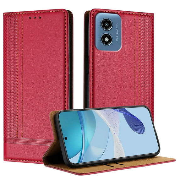 ELEHOLD Case for Moto G Play 4G (2024), Shockproof Faux Leather Wallet Phone Case Built-in Stand & Card Slots,Red