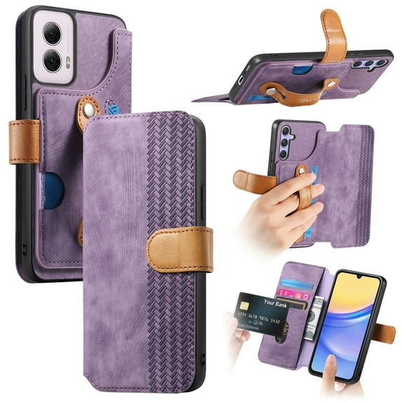 ELEHOLD Case for Moto G Power 5G 2024,Leather Wallet RFID Blocking Case with Wrist Strap & Card Holder Stand,Purple