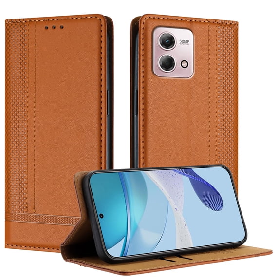 ELEHOLD Case for Moto G Stylus 4G (2023), Shockproof Faux Leather Wallet Phone Case Built-in Stand & Card Slots,Brown