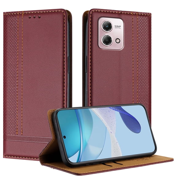 ELEHOLD Case for Moto G Stylus 4G (2023), Shockproof Faux Leather Wallet Phone Case Built-in Stand & Card Slots,Winered