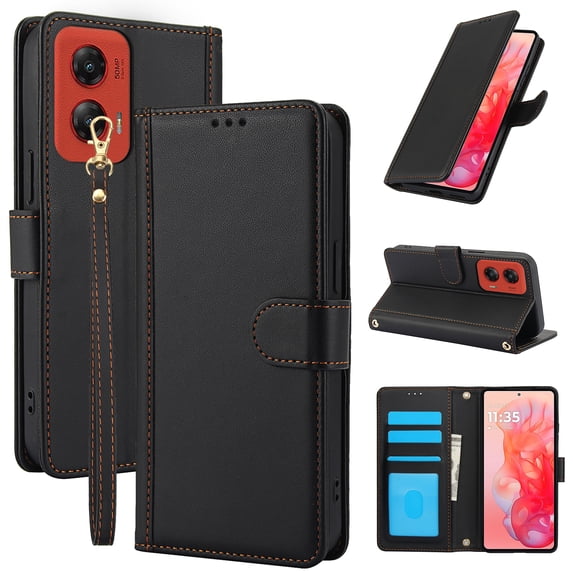 ELEHOLD Case for Motorola G Stylus 5G (2024), Shockproof PU Leather Crossbody Wallet Stand Case with Credit Card Holder & Wrist Strap,Black