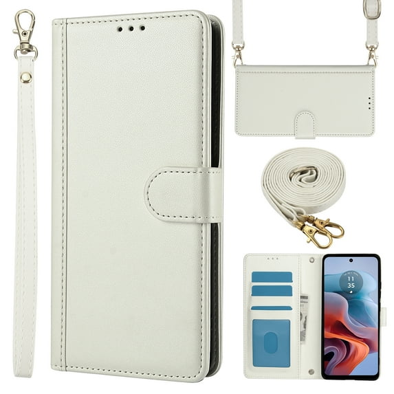 ELEHOLD Case for Motorola Moto G 5G (2024), Shockproof PU Leather Crossbody Wallet Stand Case with Credit Card Holder & Wrist Strap,White