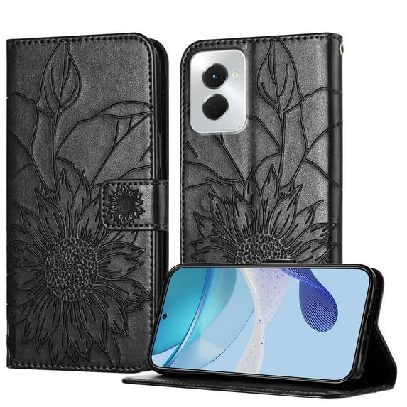 ELEHOLD Case for Motorola Moto G Power (2025), Sunflower Embossed Leather Wallet Case with Magnetic Closure & Kickstand,Black
