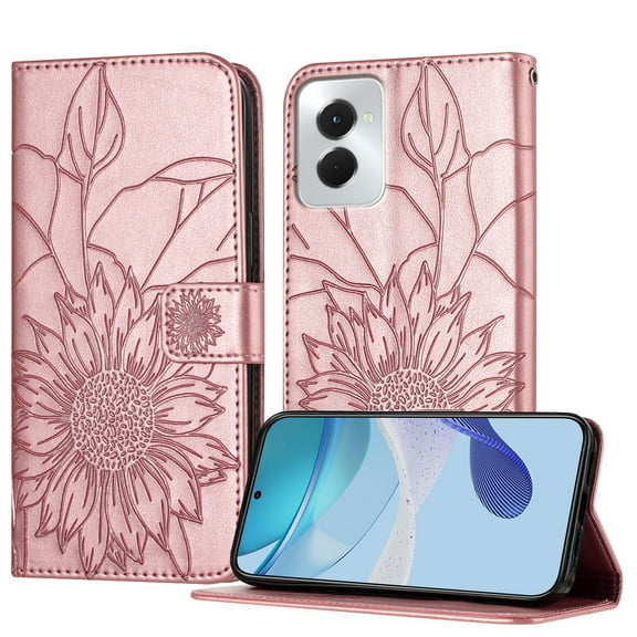ELEHOLD Case for Motorola Moto G Power (2025), Sunflower Embossed Leather Wallet Case with Magnetic Closure & Kickstand,Rosegold