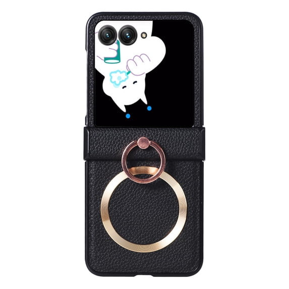 ELEHOLD Case for Motorola Razr 2024,Luxury Leather Slim Lightweight Magnetic Case with Ring Holder Stand,Black