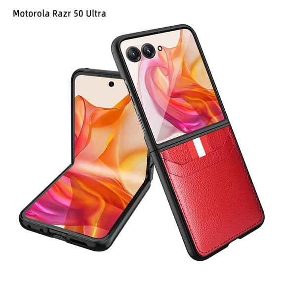 ELEHOLD Case for Motorola Razr+ 2024,Ultra Slim Leather Wallet Phone Case with Credit Card Holder Slots TPU Bumper Hard Case,Red