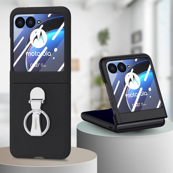 ELEHOLD Case for Motorola Razr 60 Ultra, 360° Ring Stand Shockproof Rigid Plastic Phone Case with Screen Protector,Black