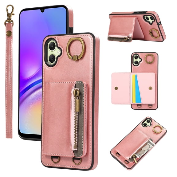 ELEHOLD Case for Samsung Galaxy A05, Zipper Leather Wallet Case with Card Holder Stand,Pink