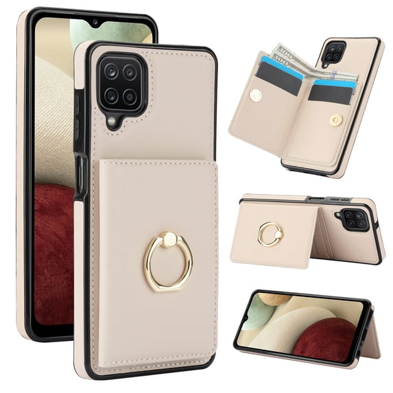 ELEHOLD Case for Samsung Galaxy A12,Business PU Leather Stand Case with Card Holder & Ring Holder,White