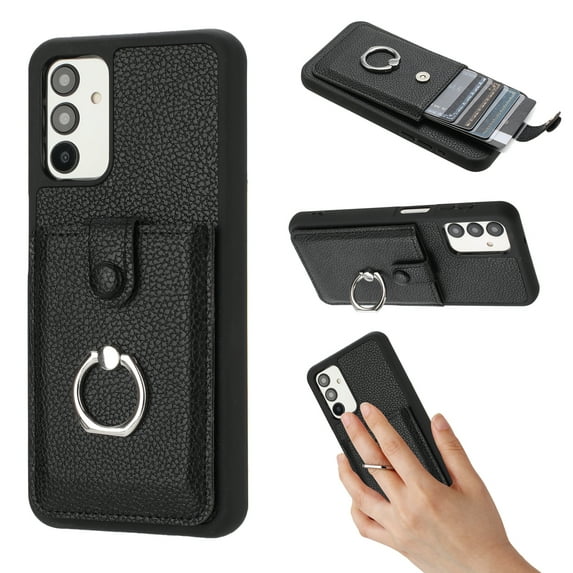 ELEHOLD Case for Samsung Galaxy A13 4G, PU Leather Wallet Case with Card Slot, 360° Rotating Ring Stand Cover,Black