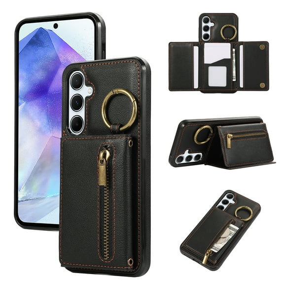 ELEHOLD Case for Samsung Galaxy A14 5G, Zipper Leather Wallet Crossbody Case with Detachable Ring Kickstand & Card SlotsBlack